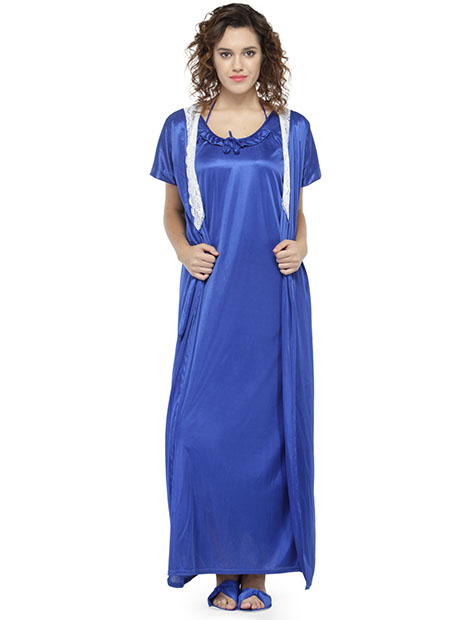 Blue Color Women'S 7 Pcs Nightwear Set With Footwear