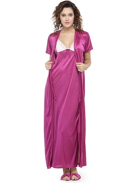 Magenta Color Women'S 8 Pcs Nightwear Set With Footwear