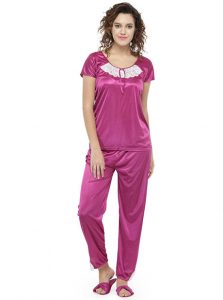 Magenta Color Women'S 8 Pcs Nightwear Set With Footwear
