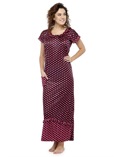 Maroon Color Women'S Polka Maroon Dot Long Nighty