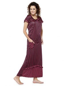 Maroon Color Women'S Polka Maroon Dot Long Nighty