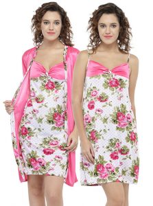 Pink Color Women'S Midi Nighty With Robe