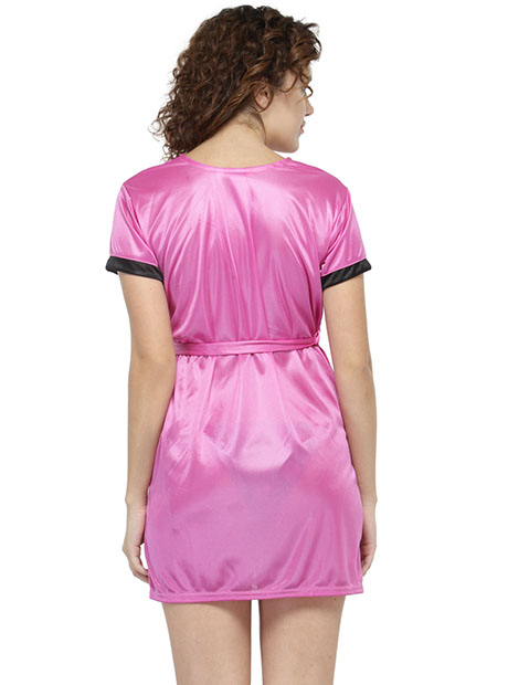 Pink Color Women Solid Short Sleeve Satin Robe with Slip