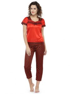 Red Color Women Polka Dot Print Pajama Set Nightwear