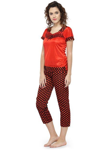 Red Color Women Polka Dot Print Pajama Set Nightwear