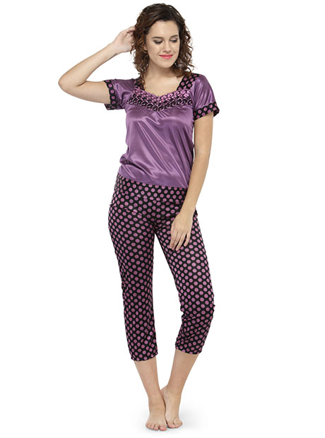 Purple Color Women Polka Dot Print Pajama Set Nightwear