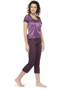 Purple Color Women Polka Dot Print Pajama Set Nightwear