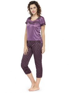 Purple Color Women Polka Dot Print Pajama Set Nightwear