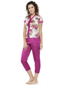 Magenta Color Women Floral Print Pajama Set Nightwear