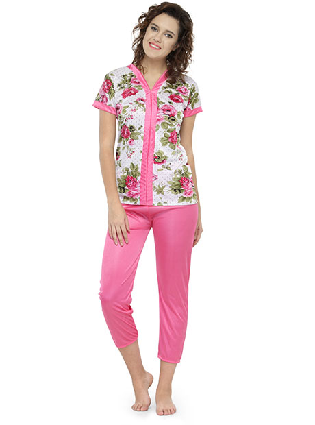 Pink Color Women Shorts Set Nightwear with Floral Print