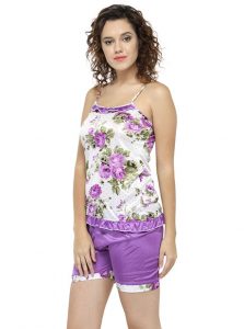 Purple Color Women Shorts Set Nightwear with Floral Print