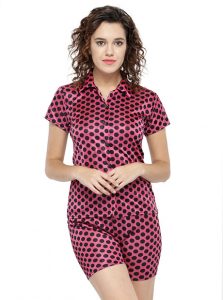 Maroon Color Women Sleep Shirt with Shorts with Polka Dot Print