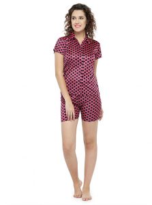 Pink Color Women Sleep Shirt with Shorts with Polka Dot Print