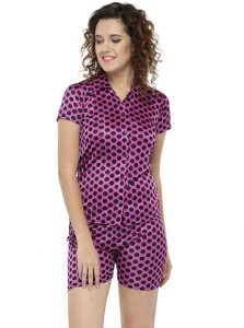 Purple Color Women Sleep Shirt with Shorts with Polka Dot Print