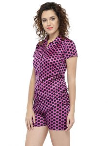 Purple Color Women Sleep Shirt with Shorts with Polka Dot Print