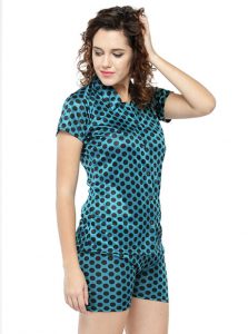 Green Color Women Sleep Shirt with Shorts with Polka Dot Print
