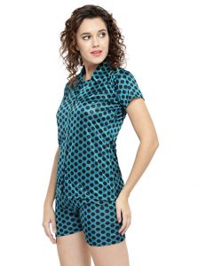 Green Color Women Sleep Shirt with Shorts with Polka Dot Print