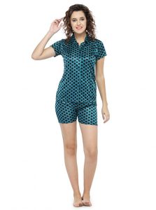 Green Color Women Sleep Shirt with Shorts with Polka Dot Print