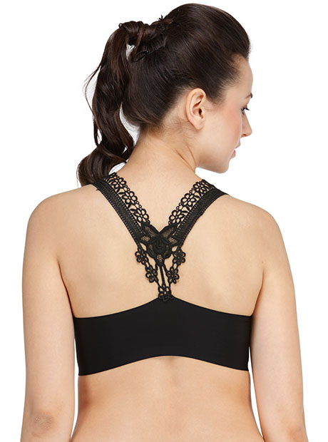 Black Color Floral Lace Back Padded Crop Top Bra