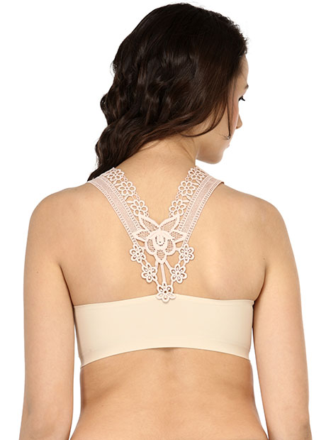Nude Color Floral Lace Back Padded Crop Top Bra