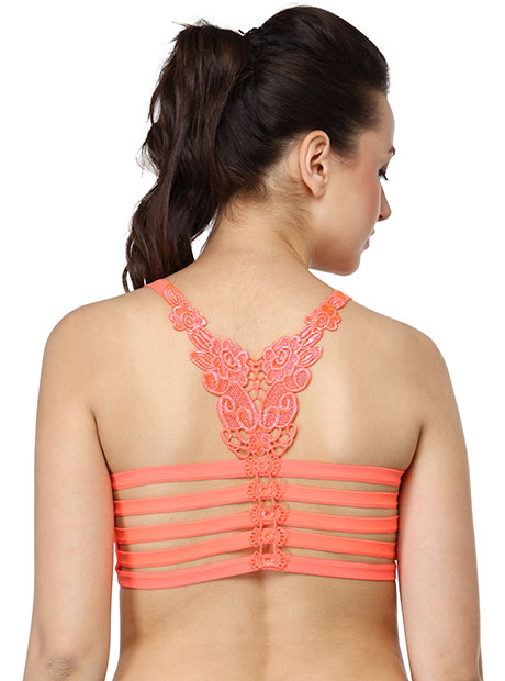 Orange Color Floral Lace Back Padded Bra