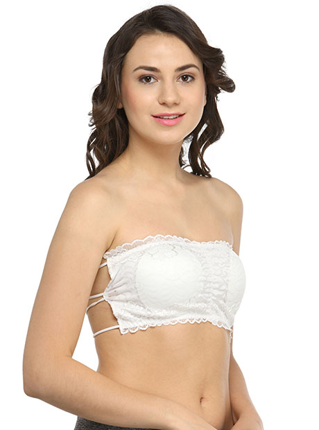 White Color Women Lace No-Strap Cross Cut Out Padded Bra - Zakarto