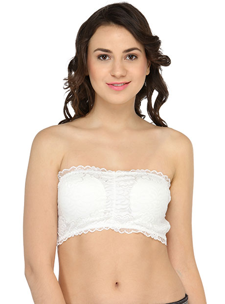 White Color Women Lace No-Strap Cross Cut Out Padded Bra - Zakarto