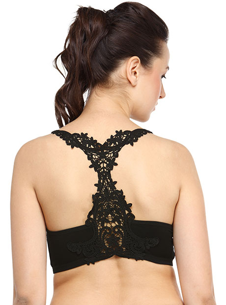 Black Color Floral Lace Back Padded Bra - Zakarto