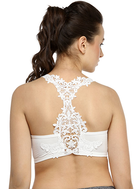 White Color Floral Lace Back Padded Bra - Zakarto