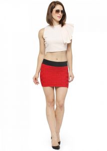 Red Color Square Grib Knitted Skirt