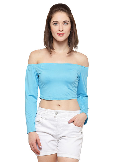 Blue Color Off-The-Shoulder Knit Crop Top