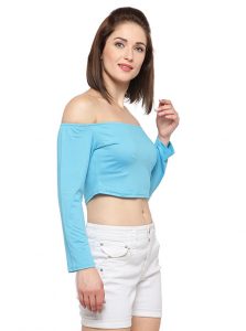 Blue Color Off-The-Shoulder Knit Crop Top