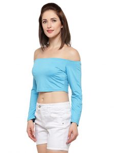 Blue Color Off-The-Shoulder Knit Crop Top