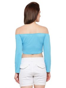 Blue Color Off-The-Shoulder Knit Crop Top