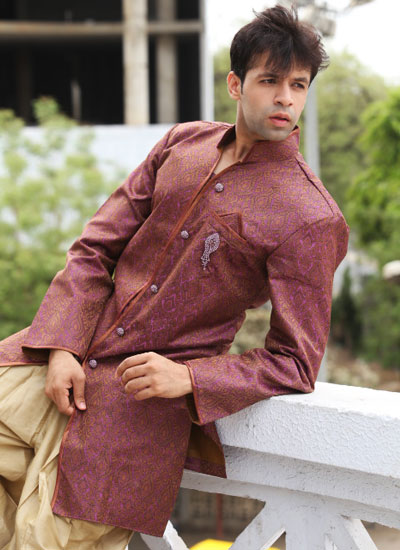 Exquisite Piping Of Shimmer Material Shades Of Purple Gold Indo Western Kurta Pajama