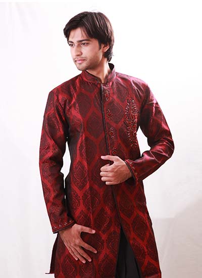 Exotic Embroidery Work Silk Burgundy Indo Western Kurta Pajama