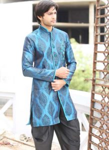 Mandarin Collar Silk Blue Indo Western Kurta Pajama