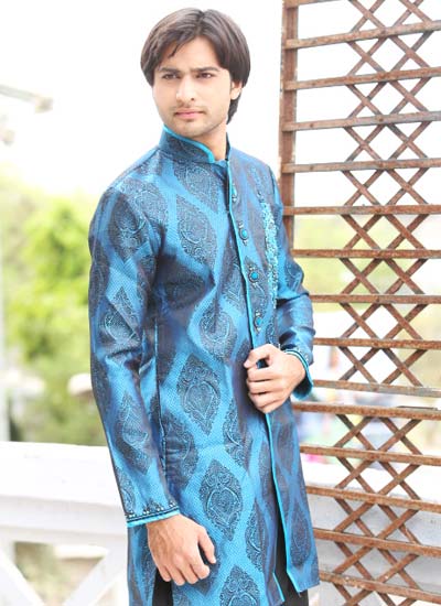 Mandarin Collar Silk Blue Indo Western Kurta Pajama