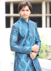 Mandarin Collar Silk Blue Indo Western Kurta Pajama