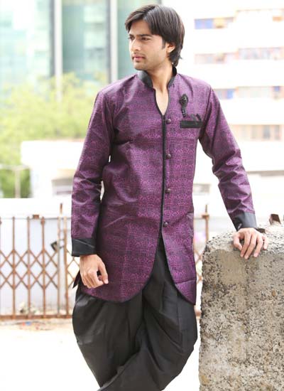 Crafted From Kela Brocade Fabric Lavender Indo Western Kurta Pajama