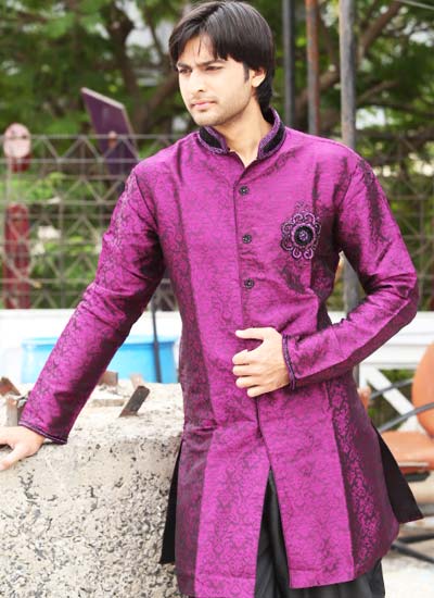 Fabulous Mandarin Collar Brocade Purple Indo Western Kurta Pajama