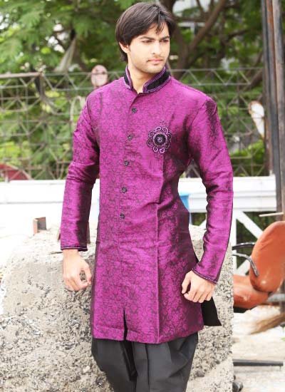 Fabulous Mandarin Collar Brocade Purple Indo Western Kurta Pajama