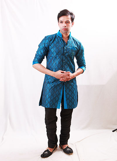 Exhibits Velvet Touch-Up On The Collar Brocade Blue Indo Western Kurta Pajama