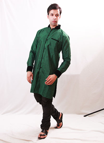 Intricate Velvet Work Fascinating Green Indo Western Kurta Pajama