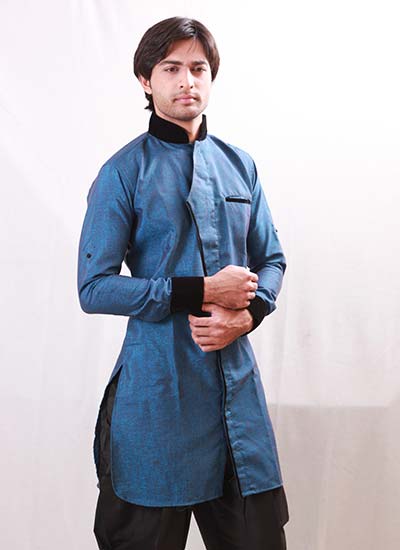 Semi-Kedia Brocade Winter Blue Indo Western Kurta Pajama