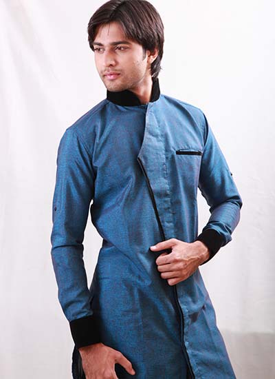 Semi-Kedia Brocade Winter Blue Indo Western Kurta Pajama