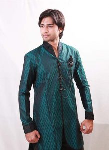 A Beautiful Black Piping Adorns The Collar Dark Green Indo Western Kurta Pajama