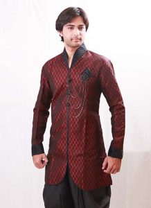 Semi-High Neck Collar Brocade Maroon Indo Western Kurta Pajama