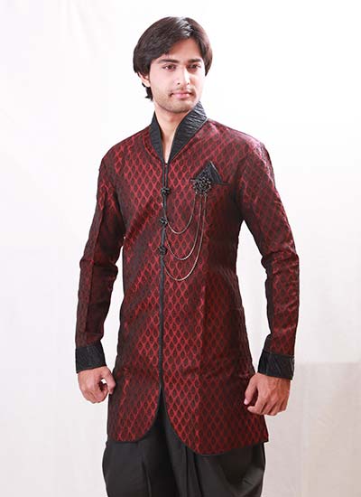 Semi-High Neck Collar Brocade Maroon Indo Western Kurta Pajama