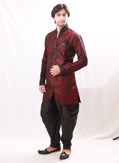 Semi-High Neck Collar Brocade Maroon Indo Western Kurta Pajama